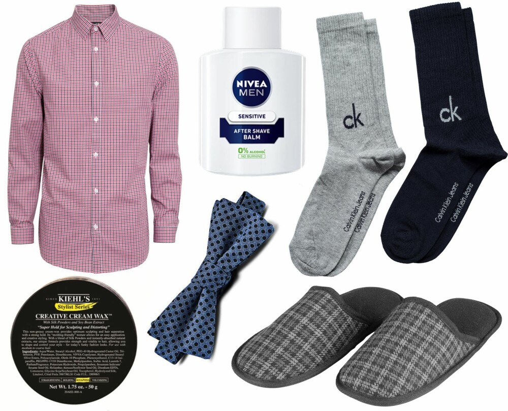 UNDER 200 KR (f.v.): H&M Skjorte Easy Iron, kr 199. Nivea Men Sensitive After Shave Balm, kr 82. Calvin Klein 2-Pack Karl Bright Logo Crew, kr 179. Kiehl's Creative Cream Wax, kr 170. Jack and Jones sløyfe, kr 199,95. Kappahl tøfler, kr 179. UNDER 200 KR (f.v.): H&M Skjorte Easy Iron, kr 199. Nivea Men Sensitive After Shave Balm, kr 82. Calvin Klein 2-Pack Karl Bright Logo Crew, kr 179. Kiehl's Creative Cream Wax, kr 170. Jack and Jones sløyfe, kr 199,95. Kappahl tøfler, kr 179.