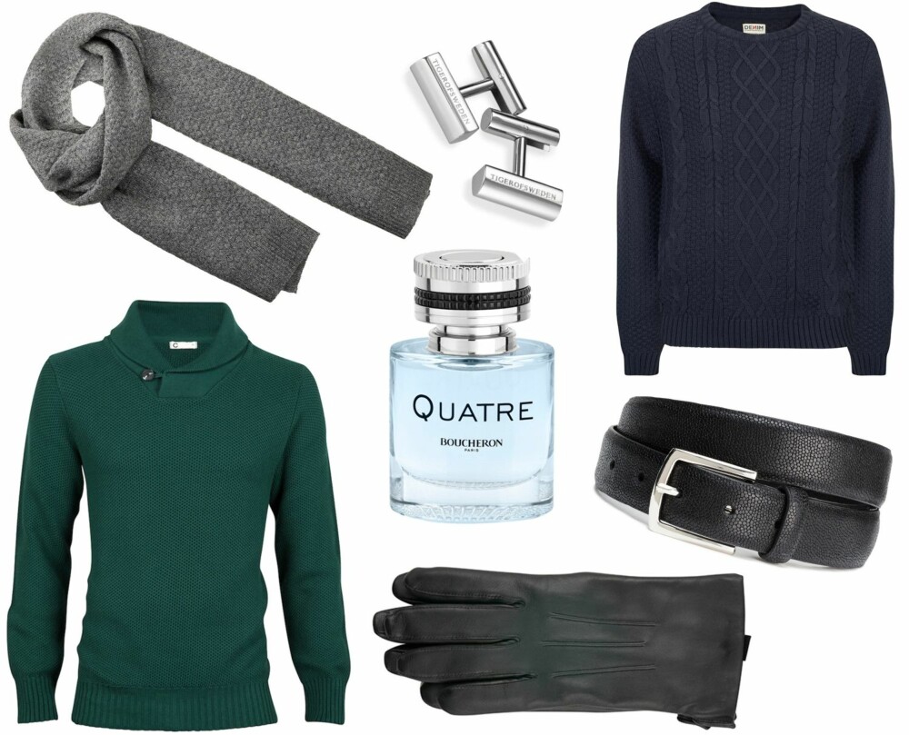 UNDER 500 KR (f.v.): Selected skjerf i ullblanding, kr 399,95. Tiger of Sweden Cilindri Cufflinks, kr 499. Kappahl Kabelstrikket genser, kr 299. Cubus genser, kr 299. Boucheron Quatre for him EdT, kr 395 for 30 ml. H&M skinnbelte, kr 249. Fingerman semskede hansker/Follestad, kr 399. UNDER 500 KR (f.v.): Selected skjerf i ullblanding, kr 399,95. Tiger of Sweden Cilindri Cufflinks, kr 499. Kappahl Kabelstrikket genser, kr 299. Cubus genser, kr 299. Boucheron Quatre for him EdT, kr 395 for 30 ml. H&M skinnbelte, kr 249. Fingerman semskede hansker/Follestad, kr 399.