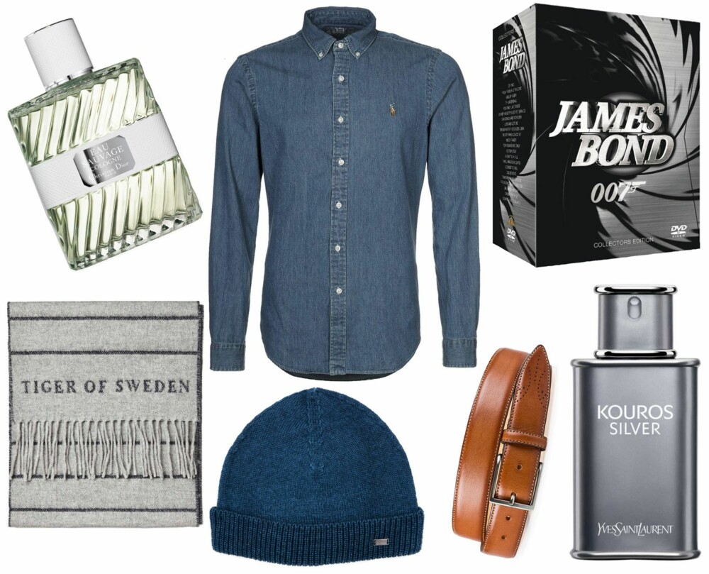 UNDER 1000 KR (f.v.): Dior Eau Sauvage Cologne Edt, kr 600 for 50 ml. Polo Ralph Lauren Slim Fit Skjorte dark wash, kr 999. James Bond Collection (DVD), kr 699. Tiger of Sweden, Bretonie Scarf, kr 899. Hugo Boss Mellomblå Lue/Follestad, kr 699. Oscar Jacobson OJ Belt Male, kr 799. Yves Saint Laurent Kouros Silver EdT, kr 515 for 50 ml. UNDER 1000 KR (f.v.): Dior Eau Sauvage Cologne Edt, kr 600 for 50 ml. Polo Ralph Lauren Slim Fit Skjorte dark wash, kr 999. James Bond Collection (DVD), kr 699. Tiger of Sweden, Bretonie Scarf, kr 899. Hugo Boss Mellomblå Lue/Follestad, kr 699. Oscar Jacobson OJ Belt Male, kr 799. Yves Saint Laurent Kouros Silver EdT, kr 515 for 50 ml.