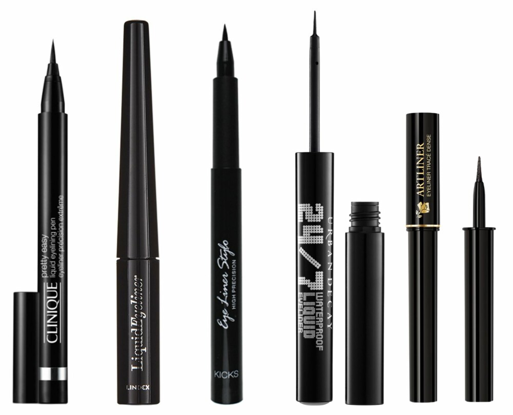 FORSLAG TIL PRODUKTER (f.v.): Clinique Pretty Easy Liquid Eyelining Pen, kr 175. Lindex Liquid Eyeliner, kr 49,50. Kicks Eye Liner Stylo, kr 99. 247 Glide-On Liquid Eyepencil Perversion, kr 150. Lancôme Artliner Noir Mat, kr 325. FORSLAG TIL PRODUKTER (f.v.): Clinique Pretty Easy Liquid Eyelining Pen, kr 175. Lindex Liquid Eyeliner, kr 49,50. Kicks Eye Liner Stylo, kr 99. 247 Glide-On Liquid Eyepencil Perversion, kr 150. Lancôme Artliner Noir Mat, kr 325.