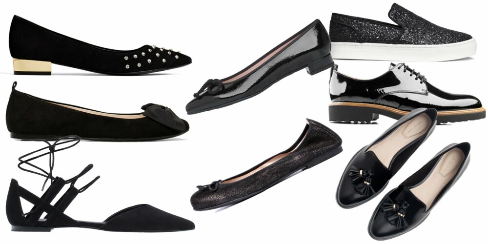 FLATE SKO MED STIL: Med lav gyllen hæl (kr 699, Aldo), i fløyel med sløyfe (kr 299, Mango), med snøring (kr 899, Massimo), i lakk (kr 1399, Pretty Ballerina), glittersneakers (kr 299, H&M), brogues (kr 1299, Eurosko) og mokasiner (kr 399, Zara). FLATE SKO MED STIL: Med lav gyllen hæl (kr 699, Aldo), i fløyel med sløyfe (kr 299, Mango), med snøring (kr 899, Massimo), i lakk (kr 1399, Pretty Ballerina), glittersneakers (kr 299, H&M), brogues (kr 1299, Eurosko) og mokasiner (kr 399, Zara).