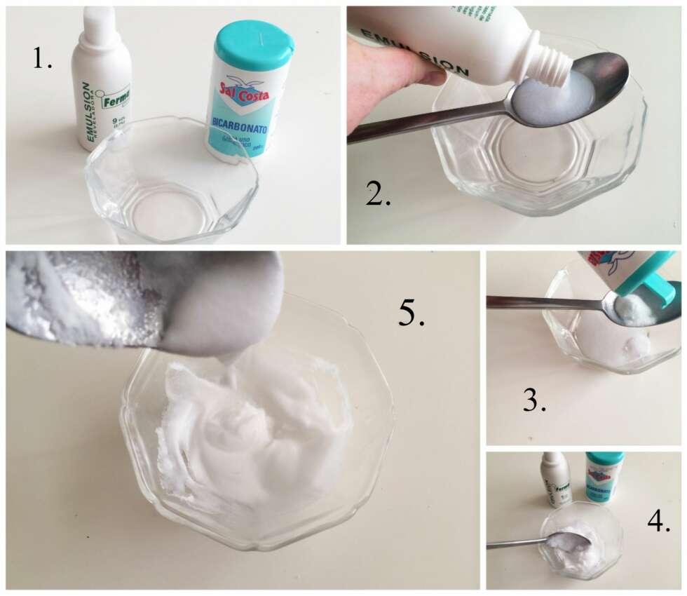 BLEKEMIDDEL: 1. Du trenger en skål, tre prosent hydrogenperoksid, natron og et par q-tips. 2. Hell i én spiseskje med hydrogenperoksiden, 3. Tilsett cirka to og en halv spiseskjeer med natron, 4. Rør godt sammen. 5. Til du får en jevn og tykk pasta som ikke drypper for mye. BLEKEMIDDEL: 1. Du trenger en skål, tre prosent hydrogenperoksid, natron og et par q-tips. 2. Hell i én spiseskje med hydrogenperoksiden, 3. Tilsett cirka to og en halv spiseskjeer med natron, 4. Rør godt sammen. 5. Til du får en jevn og tykk pasta som ikke drypper for mye.