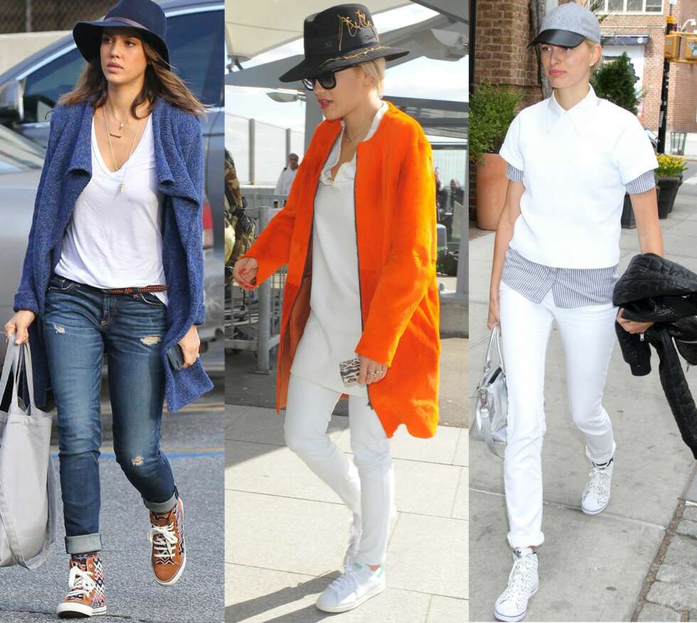 INSPO: Fra venstre: Jessica Alba styler hatten med et casual antrekk; en hvit t-skjorte, jeans og sneakers. I midten: Rita Ora går for en større hatt kombinert med et helhvitt atntrekk og en knallfarget jakke. Til høyre: Karolina Kurkova går for en sporty variant, og styler en enkel caps med hvite jeans, joggesko, skjorte og en hvit overdel. INSPO: Fra venstre: Jessica Alba styler hatten med et casual antrekk; en hvit t-skjorte, jeans og sneakers. I midten: Rita Ora går for en større hatt kombinert med et helhvitt atntrekk og en knallfarget jakke. Til høyre: Karolina Kurkova går for en sporty variant, og styler en enkel caps med hvite jeans, joggesko, skjorte og en hvit overdel.