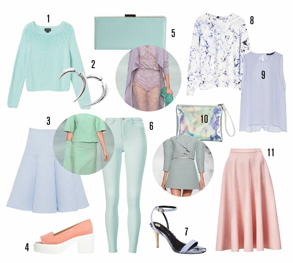 KALDE PASTELLER: <b>1.</b> Genser fra Monki, kr 300. <b>2.</b> Ørepynt fra Mango, kr 99. <b>3.</b> Skjørt fra Asos.com, kr 468. <b>4.</b> Sko fra Asos.com, kr 449. <b>5.</b> Veske fra Pieces, kr 299. <b>6.</b> Bukser fra Gina Tricot, kr 299. <b>7.</b> Sandaler fra River Island, kr 450. <b>8.</b> Genser fra Zara kr 299. <b>9.</b> Topp fra Zara, kr 299. <b>10.</b> Veske fra Bik Bok, kr 99. <b>11.</b> Skjørt fra H&M, kr 399. KALDE PASTELLER: <b>1.</b> Genser fra Monki, kr 300. <b>2.</b> Ørepynt fra Mango, kr 99. <b>3.</b> Skjørt fra Asos.com, kr 468. <b>4.</b> Sko fra Asos.com, kr 449. <b>5.</b> Veske fra Pieces, kr 299. <b>6.</b> Bukser fra Gina Tricot, kr 299. <b>7.</b> Sandaler fra River Island, kr 450. <b>8.</b> Genser fra Zara kr 299. <b>9.</b> Topp fra Zara, kr 299. <b>10.</b> Veske fra Bik Bok, kr 99. <b>11.</b> Skjørt fra H&M, kr 399.