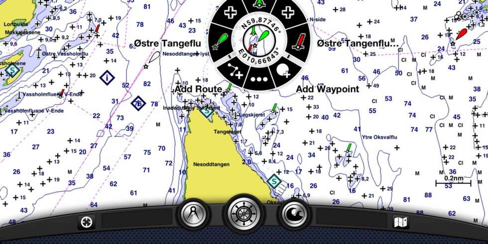 SMART SIRKEL: Garmin er flinke med enkle betjeningsløsninger og BlueChart-appen er ikke noe unntak. Hjulet som kommer opp når du markerer et punkt i kartet gir deg rask tilgang til informasjon om objekter i nærheten, eller mulighet for å starte ruteplanlegging eller legge til et veipunkt. FOTO: Terje Haugen SMART SIRKEL: Garmin er flinke med enkle betjeningsløsninger og BlueChart-appen er ikke noe unntak. Hjulet som kommer opp når du markerer et punkt i kartet gir deg rask tilgang til informasjon om objekter i nærheten, eller mulighet for å starte ruteplanlegging eller legge til et veipunkt. FOTO: Terje Haugen