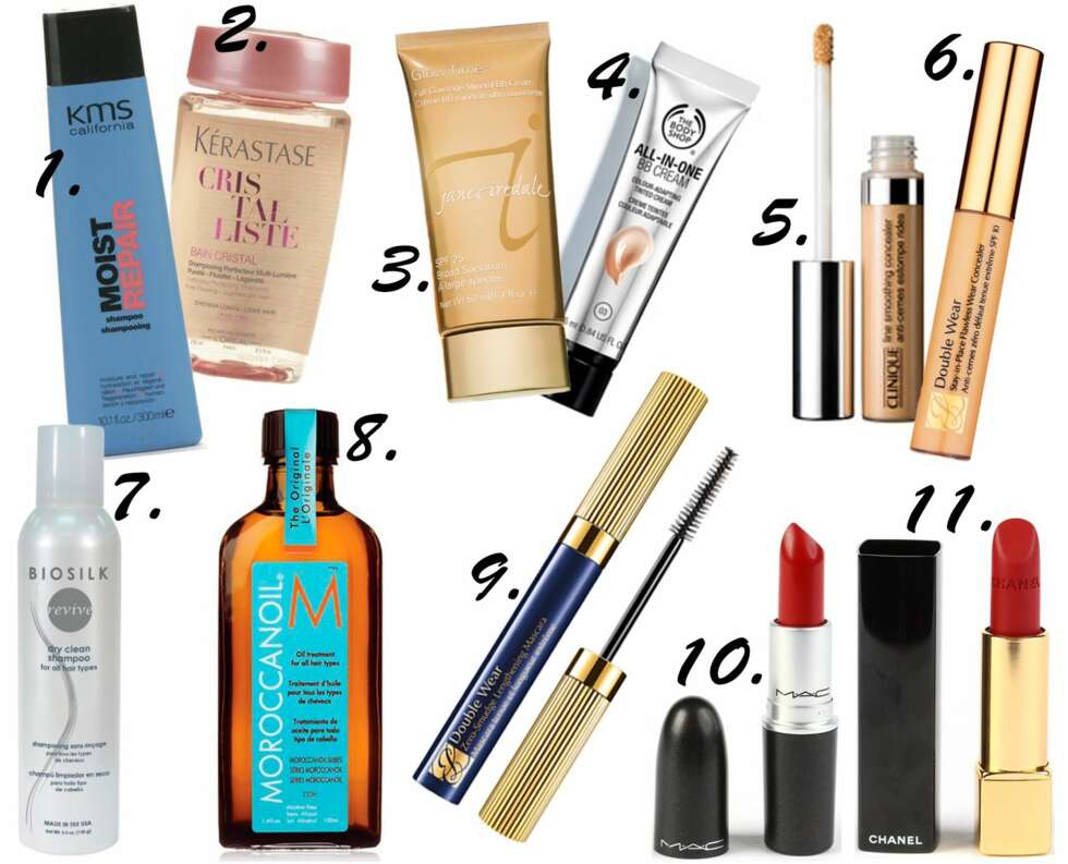 HÅR OG SMINKE: <b>1.</b> KMS Moist Repair Shampoo, kr 215. <b>2.</b> Kérastase Cristaliste bain Cristal Shampoo, kr 195. <b>3-</b> Jane Iredal Glow Time Full Coverage Mineral BB Cream, kr 690. <b>4.</b> The Body Shop All-In-One BB Cream, kr 219. <b>5.</b> Clinique LIne Smoothing Concealer, kr 200. <b>6.</b> Estée lauder Double Wear Stay-in-Place Flawless Wear Concealer, kr 230. <b>7.</b> Biosilk Revive Dry Clean Shampoo, kr 199. <b>8.</b> Moroccanoil Oil Treatment, kr 299. <b>9.</b> Estée Lauder Double Wear Zero-Smudge Lengthening Mascara, kr 275. <b>10.</b> MAC Matte Russian Red, kr 175. <b>11.</b> Chanel Allure Velvet 38 La Fascinate, kr 305. HÅR OG SMINKE: <b>1.</b> KMS Moist Repair Shampoo, kr 215. <b>2.</b> Kérastase Cristaliste bain Cristal Shampoo, kr 195. <b>3-</b> Jane Iredal Glow Time Full Coverage Mineral BB Cream, kr 690. <b>4.</b> The Body Shop All-In-One BB Cream, kr 219. <b>5.</b> Clinique LIne Smoothing Concealer, kr 200. <b>6.</b> Estée lauder Double Wear Stay-in-Place Flawless Wear Concealer, kr 230. <b>7.</b> Biosilk Revive Dry Clean Shampoo, kr 199. <b>8.</b> Moroccanoil Oil Treatment, kr 299. <b>9.</b> Estée Lauder Double Wear Zero-Smudge Lengthening Mascara, kr 275. <b>10.</b> MAC Matte Russian Red, kr 175. <b>11.</b> Chanel Allure Velvet 38 La Fascinate, kr 305.