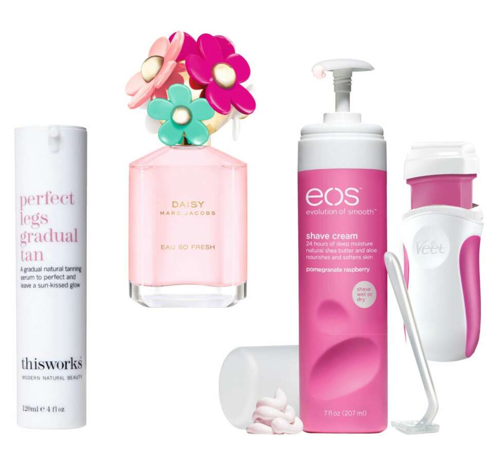 KROPP: Fra venstre: This Works Perfect Legs Gradual Tan, kr 360. Daisy Eau so Fresh Sunshine Edition, kr 575. Eos Shave Cream, kr 89. Veet Easy Wax, kr 135. Engangshøvel fra Gilette, kr 59. KROPP: Fra venstre: This Works Perfect Legs Gradual Tan, kr 360. Daisy Eau so Fresh Sunshine Edition, kr 575. Eos Shave Cream, kr 89. Veet Easy Wax, kr 135. Engangshøvel fra Gilette, kr 59.