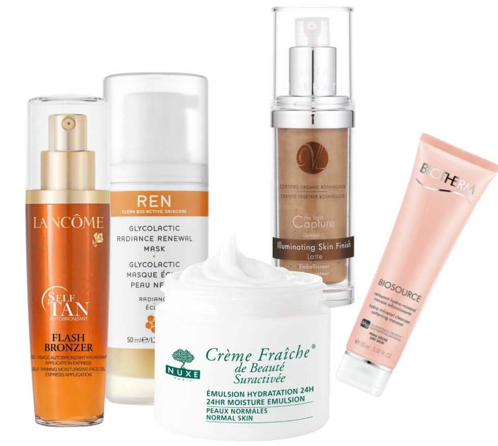 ANSIKT: Fra venstre: Lancôme Flash Bronzer Face Gel, kr 275. Ren Glycolactic Radiance Renewal Mask, kr 359. Nuxe Crème Fraîche moisture emulusion, kr 398. Flytende solpudder fra Vita Liberata, Capture the Light, kr 298. Biotherm Biosource Cleanser Toning Mousse, kr 220. ANSIKT: Fra venstre: Lancôme Flash Bronzer Face Gel, kr 275. Ren Glycolactic Radiance Renewal Mask, kr 359. Nuxe Crème Fraîche moisture emulusion, kr 398. Flytende solpudder fra Vita Liberata, Capture the Light, kr 298. Biotherm Biosource Cleanser Toning Mousse, kr 220.