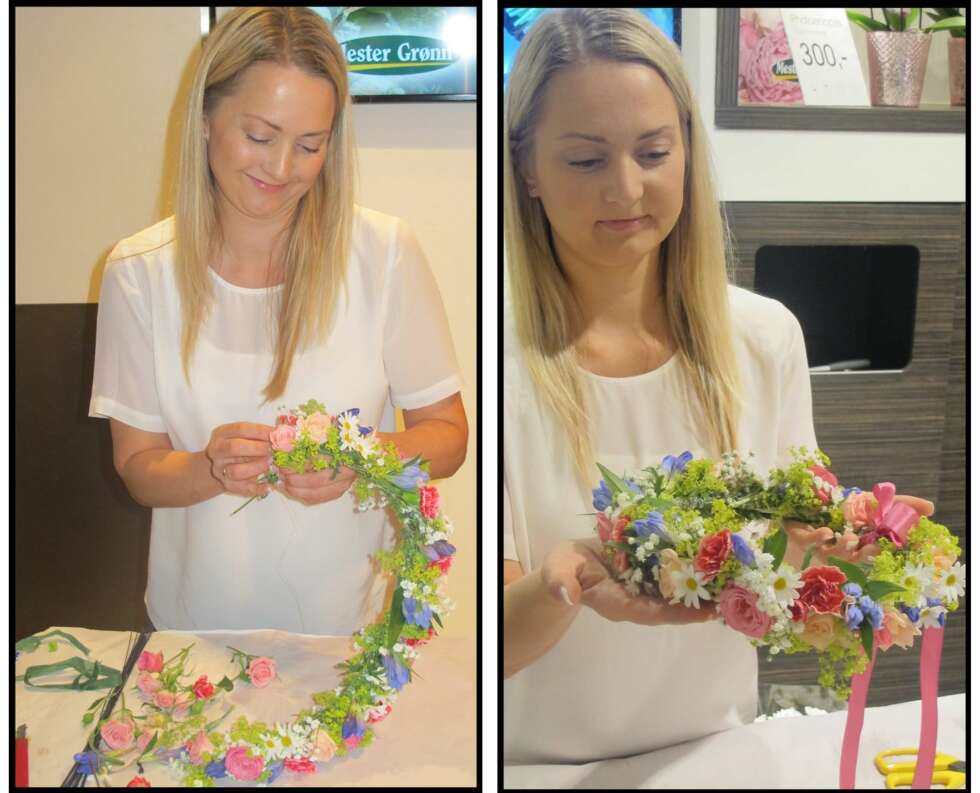 PROFF: Tina Pedersen hos Mester Grønn har laget mange blomsterkranser tidligere, så for henne tok det ikke lang tid å lage denne fine kransen. Husk av øvelse gjør mester! PROFF: Tina Pedersen hos Mester Grønn har laget mange blomsterkranser tidligere, så for henne tok det ikke lang tid å lage denne fine kransen. Husk av øvelse gjør mester!