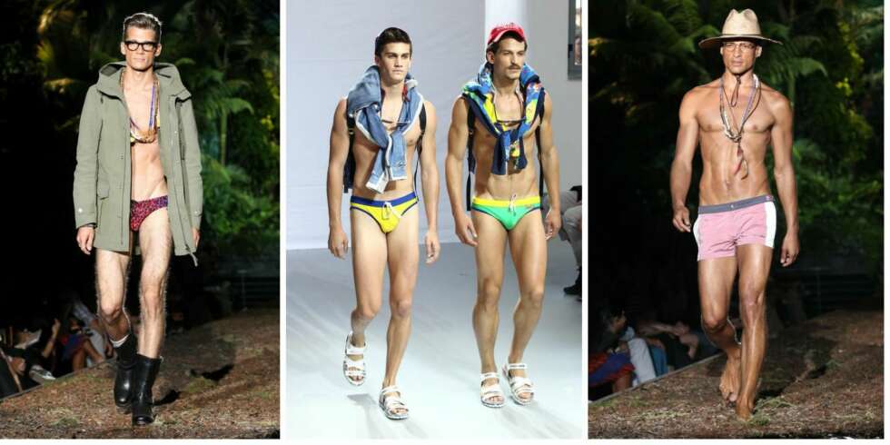 MOTERIKTIG: Hvis du vil følge trendene i år, og er klar for å vise litt ekstra, kan speedo være tingen. Både Dsquared og Frankie Morello gikk hardt ut med speedomote på sommervisningene for 2014. MOTERIKTIG: Hvis du vil følge trendene i år, og er klar for å vise litt ekstra, kan speedo være tingen. Både Dsquared og Frankie Morello gikk hardt ut med speedomote på sommervisningene for 2014.