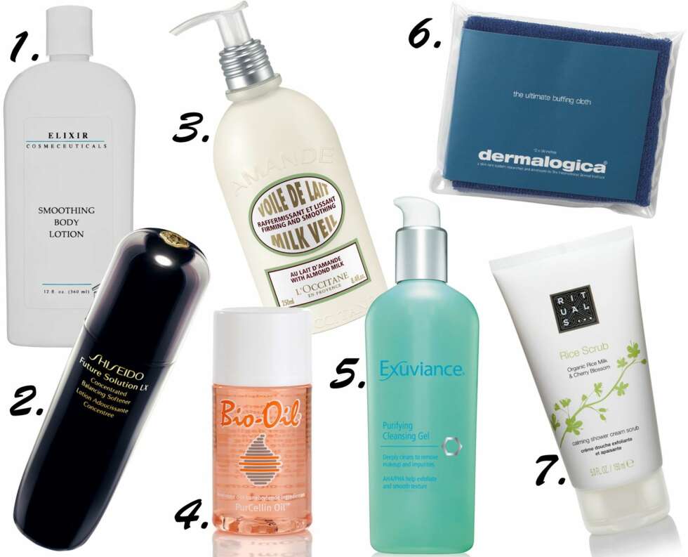 GODE PRODUKTER: <b>1.</b> Elixir Smoothing Body Lotion, kr 690. <b>2.</b> Shiseido Future Solution LX Concentrated Balancing Softener, kr 845. <b>3.</b> L'Occitan Firmin and Smoothing Milk Veil with Almond Milk, kr 299. <b>4.</b> Bio-Oil PurCellin Oil, kr 119. <b>5.</b> Exuviance Purifying Cleansing Oil med AHA/PHA, kr 299. <b>6.</b> Dermalogica The Ultimate Buffing Cloth, kr 195. <b>7.</b> Rituals Rice Scrub Calming Shower Cream Scrub, kr 100. GODE PRODUKTER: <b>1.</b> Elixir Smoothing Body Lotion, kr 690. <b>2.</b> Shiseido Future Solution LX Concentrated Balancing Softener, kr 845. <b>3.</b> L'Occitan Firmin and Smoothing Milk Veil with Almond Milk, kr 299. <b>4.</b> Bio-Oil PurCellin Oil, kr 119. <b>5.</b> Exuviance Purifying Cleansing Oil med AHA/PHA, kr 299. <b>6.</b> Dermalogica The Ultimate Buffing Cloth, kr 195. <b>7.</b> Rituals Rice Scrub Calming Shower Cream Scrub, kr 100.