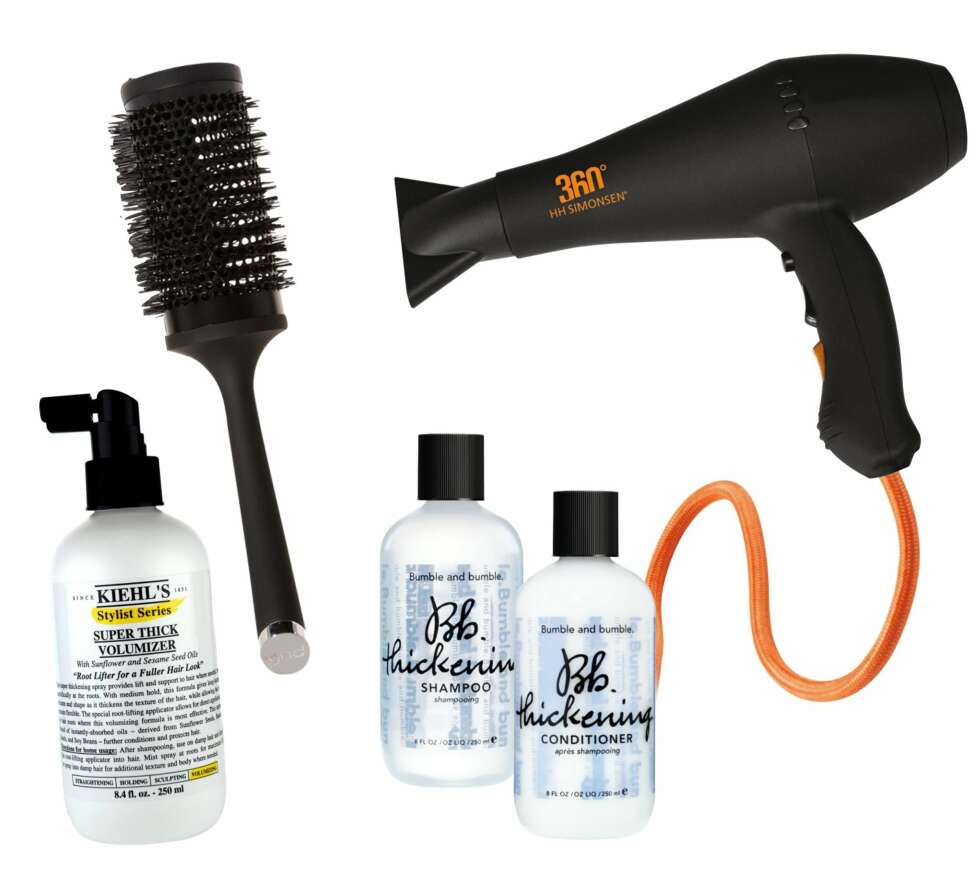 FRA VENSTRE: Kiehl's Super Thick Volumizer, kr 165. GHD rundbørste, kr 259. Kiehl's Thickening Shampoo og Conditioner,
kr 288 per stykk. Føner fra HH Simonsen, kr 1295. FRA VENSTRE: Kiehl's Super Thick Volumizer, kr 165. GHD rundbørste, kr 259. Kiehl's Thickening Shampoo og Conditioner,
kr 288 per stykk. Føner fra HH Simonsen, kr 1295.
