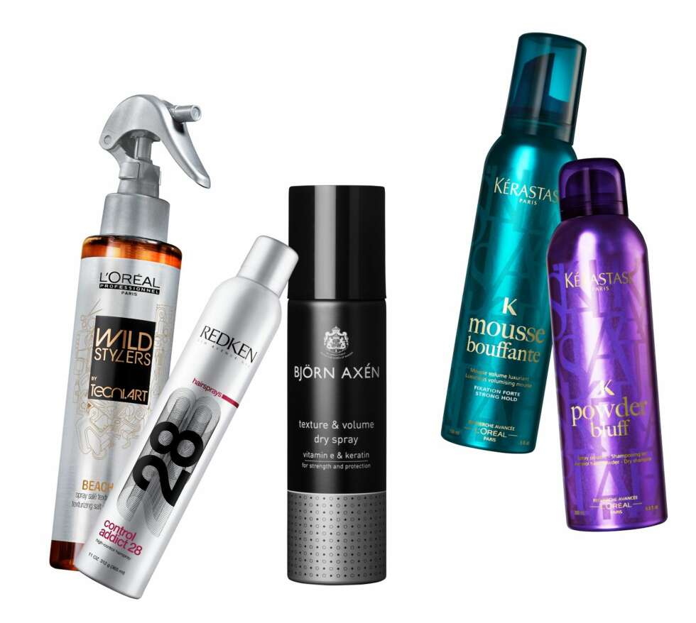 FRA VENSTRE: L'Oréal Wild Stylers Tecni Art Beach Waves, kr 229. Redken Control Addict Hairspray, kr 280. Bjørn Axén Texture & Volume Dry Spray, kr 135. Kérastase Mousse Bouffante, kr 280. Kérastase Powder Bluff, kr 313. FRA VENSTRE: L'Oréal Wild Stylers Tecni Art Beach Waves, kr 229. Redken Control Addict Hairspray, kr 280. Bjørn Axén Texture & Volume Dry Spray, kr 135. Kérastase Mousse Bouffante, kr 280. Kérastase Powder Bluff, kr 313.