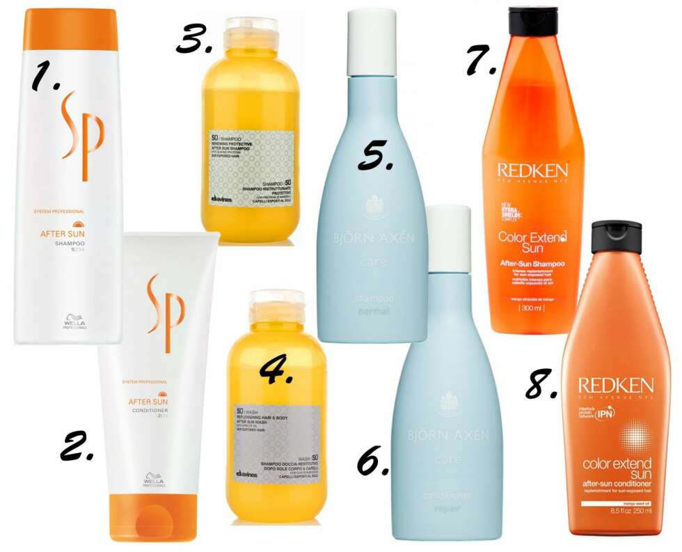 SOLBESKYTTENDE PRODUKTER I DUSJEN: 1. Wella SP After Sun Shampoo, kr 245. 2. Wella SP After Sun Conditioner, kr 265. 3. Davines - SU Renewing Protective After Sun Shampoo 250ml, kr 209. 4. Davines - SU WASH Hair & Body After Sun Wash 250ml, kr 139. 5. Björn Axen Repair Shampoo, kr 119. 6. Björn Axen Repair Balsam, kr 122. 7. Redken Color Extend Sun After Sun Shampoo 300ml, kr 276. 8. Redken Color Extend Sun After Sun Conditioner 250 ml, kr 299. SOLBESKYTTENDE PRODUKTER I DUSJEN: 1. Wella SP After Sun Shampoo, kr 245. 2. Wella SP After Sun Conditioner, kr 265. 3. Davines - SU Renewing Protective After Sun Shampoo 250ml, kr 209. 4. Davines - SU WASH Hair & Body After Sun Wash 250ml, kr 139. 5. Björn Axen Repair Shampoo, kr 119. 6. Björn Axen Repair Balsam, kr 122. 7. Redken Color Extend Sun After Sun Shampoo 300ml, kr 276. 8. Redken Color Extend Sun After Sun Conditioner 250 ml, kr 299.
