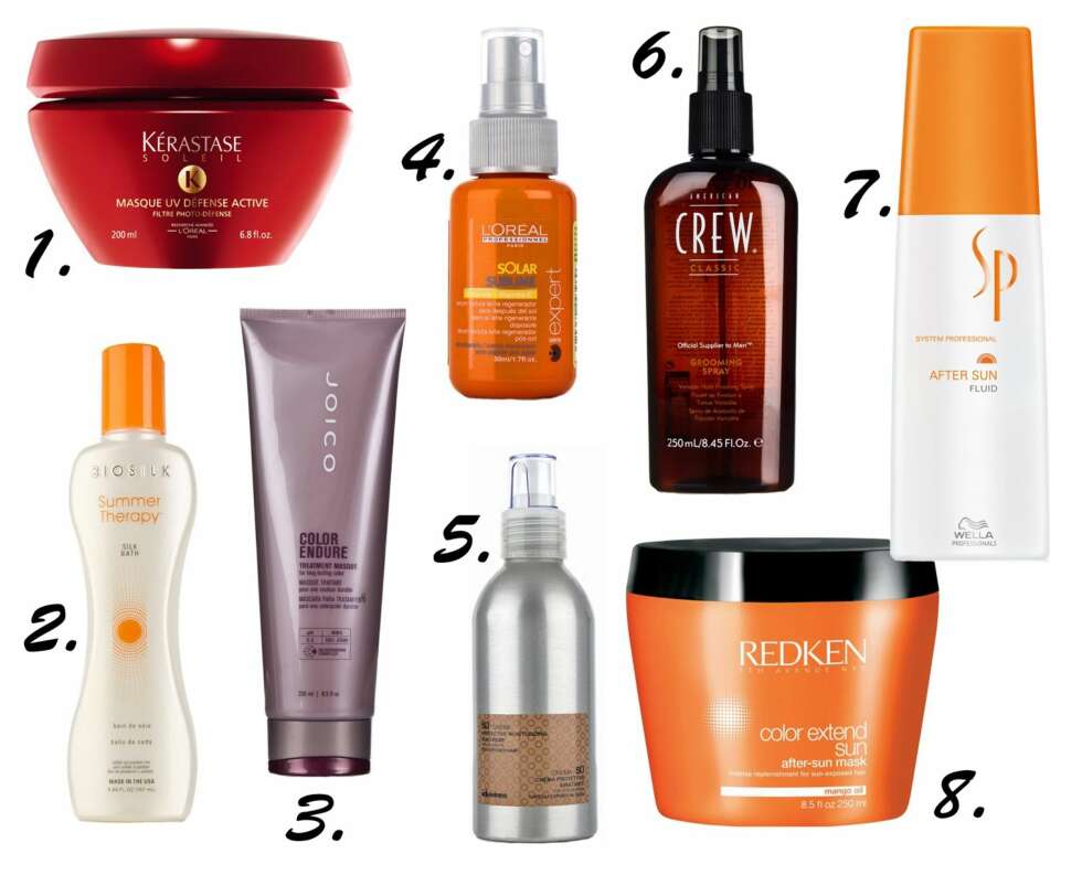 GODE SOLPRODUKTER: 1. Kérastase Soleil Masque UV Defense Active 200ml, kr 365. 2. Biosilk Summer Therapy Silk Bath 167ml, kr 149. 3. Joico Color Endure Treatment Masque 250ml, kr 179. 4. L'Oréal Professionnel Série Expert Solar Sublime After-Sun Serum 50ml, kr 215 kr. 5. Davines SU CREAM Protective Moisturizing Cream 125ml, kr 219. 6. American Crew Grooming Spray 250ml, kr 215. 7. Wella SP After Sun Fluid, kr 265. 8. Redken Color Extend Sun After Sun Mask 250ml, 414 kr. GODE SOLPRODUKTER: 1. Kérastase Soleil Masque UV Defense Active 200ml, kr 365. 2. Biosilk Summer Therapy Silk Bath 167ml, kr 149. 3. Joico Color Endure Treatment Masque 250ml, kr 179. 4. L'Oréal Professionnel Série Expert Solar Sublime After-Sun Serum 50ml, kr 215 kr. 5. Davines SU CREAM Protective Moisturizing Cream 125ml, kr 219. 6. American Crew Grooming Spray 250ml, kr 215. 7. Wella SP After Sun Fluid, kr 265. 8. Redken Color Extend Sun After Sun Mask 250ml, 414 kr.