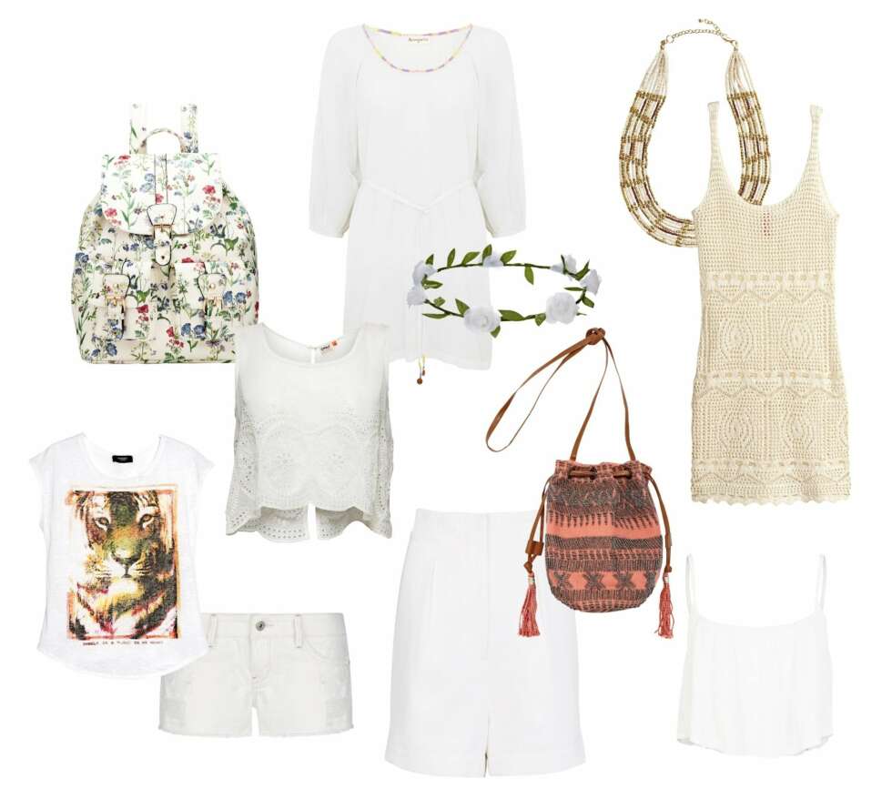 ØVERST FRA VENSTRE: Ryggsekk fra Accessorize, kr 370. Magetopp fra Only, kr 179. KJole fra Accessorize, kr 270. Blomsterkrans fra Accessorize, kr 80. Smykke fra KappAhl, kr 99. Kjole fra H&M, kr 199. T-skjorte med print fra Mango, kr 149. Shorts fra Mango, kr 199. Shorts fra Bik Bok, kr 199. Veske fra Asos.com, kr 350. Magetopp fra Bik Bok, kr 99. ØVERST FRA VENSTRE: Ryggsekk fra Accessorize, kr 370. Magetopp fra Only, kr 179. KJole fra Accessorize, kr 270. Blomsterkrans fra Accessorize, kr 80. Smykke fra KappAhl, kr 99. Kjole fra H&M, kr 199. T-skjorte med print fra Mango, kr 149. Shorts fra Mango, kr 199. Shorts fra Bik Bok, kr 199. Veske fra Asos.com, kr 350. Magetopp fra Bik Bok, kr 99.