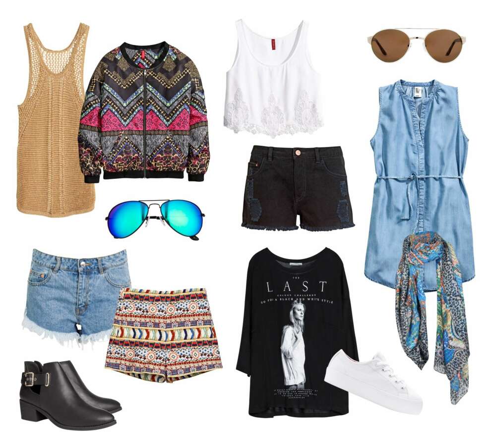 ØVERST FRA VENSTRE: Topp fra H&M, kr 149, Jakke fra H&M, kr 299. magetopp fra H&M, kr 149. Shorts fra Bik Bok, kr 249. Solbriller fra Mango, kr 229. Kjole fra H&M, kr 249. Ankelboots fra H&M, kr 399. Shorts fra Bik Bok, kr 199. Solbrille fra Bik Bok, kr 79. Shorts fra Zara, kr 399. Genser fra Zara,kr 249. Flattform fra DNA, kr 399. Skjerf fra Vivikes, kr 199. ØVERST FRA VENSTRE: Topp fra H&M, kr 149, Jakke fra H&M, kr 299. magetopp fra H&M, kr 149. Shorts fra Bik Bok, kr 249. Solbriller fra Mango, kr 229. Kjole fra H&M, kr 249. Ankelboots fra H&M, kr 399. Shorts fra Bik Bok, kr 199. Solbrille fra Bik Bok, kr 79. Shorts fra Zara, kr 399. Genser fra Zara,kr 249. Flattform fra DNA, kr 399. Skjerf fra Vivikes, kr 199.