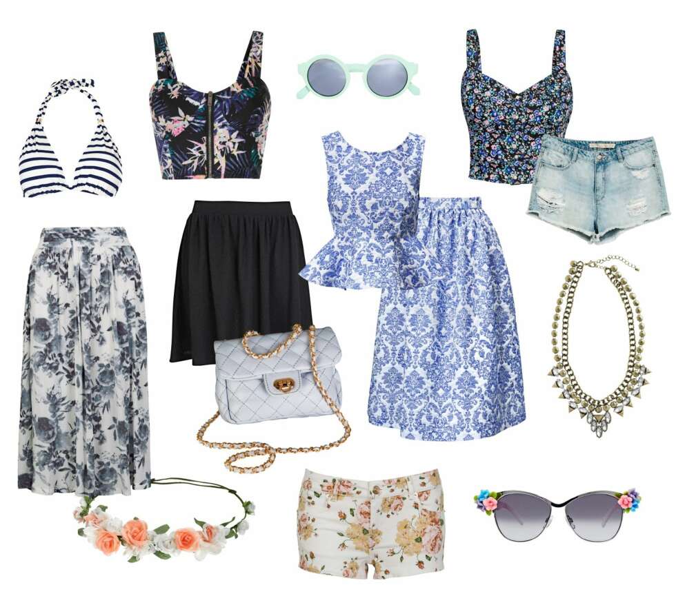 ØVERST FRA VENSTRE: Bikinitopp fra Gina Tricot, kr 99. Topp fra Gina Trict, kr 149. Solbriller fra Zara, kr 179. Topp fra H&M, kr 149. Shorts fra Zara, kr 299. Skjørt fra Bik Bok, kr 249. Blomsterkrans fra Accessorize, kr 140. Svart skjørt fra Soaked in Luxury, kr 499. Veske fra Bik Bok, kr 199. Blomstershorts fra Bik Bok, kr 149. Matchende settf ra H&M, topp kr 349, skjørt kr 499. Solbriller fra Asos.com, kr 210. Smykke fra H&M, kr 99. ØVERST FRA VENSTRE: Bikinitopp fra Gina Tricot, kr 99. Topp fra Gina Trict, kr 149. Solbriller fra Zara, kr 179. Topp fra H&M, kr 149. Shorts fra Zara, kr 299. Skjørt fra Bik Bok, kr 249. Blomsterkrans fra Accessorize, kr 140. Svart skjørt fra Soaked in Luxury, kr 499. Veske fra Bik Bok, kr 199. Blomstershorts fra Bik Bok, kr 149. Matchende settf ra H&M, topp kr 349, skjørt kr 499. Solbriller fra Asos.com, kr 210. Smykke fra H&M, kr 99.