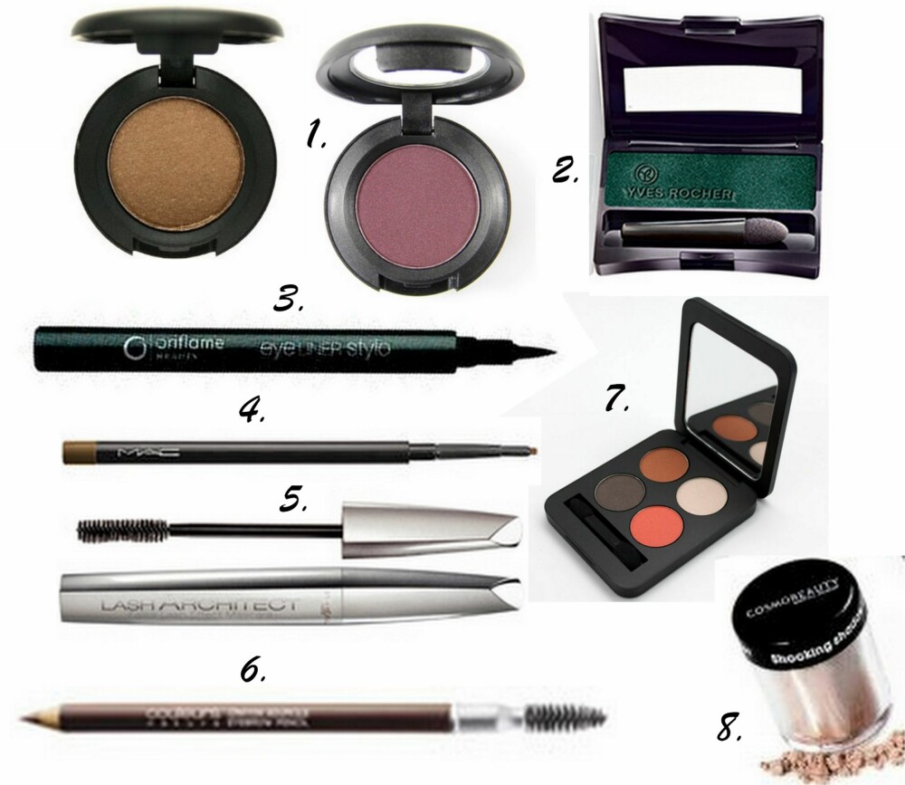 ØYESMINKEN: 1. Eyeshadows i fargene Mulch og Sketch fra MAC (kr 170 per stk), 2. Single Eyeshadow i fargen Vert Émeraude fra Yves Rocher (kr 99), 3. Eye Liner Stylo fra Oriflame (kr 149), 4. Eye Brow Pencil i fargen Strut fra MAC (kr 160), 5. False Lashes Architecht fra L'Oréal Paris (kr 169), 6. Eyebrow Pencil i fargen Cendré fra Yves Rocher (kr 60), 7. Eyeshadow Quad i fargene Moulin Rouge fra Youngblood (kr 380), 8. Shadow Shimmer Pigment fra Cosmo Beauty (kr 207). ØYESMINKEN: 1. Eyeshadows i fargene Mulch og Sketch fra MAC (kr 170 per stk), 2. Single Eyeshadow i fargen Vert Émeraude fra Yves Rocher (kr 99), 3. Eye Liner Stylo fra Oriflame (kr 149), 4. Eye Brow Pencil i fargen Strut fra MAC (kr 160), 5. False Lashes Architecht fra L'Oréal Paris (kr 169), 6. Eyebrow Pencil i fargen Cendré fra Yves Rocher (kr 60), 7. Eyeshadow Quad i fargene Moulin Rouge fra Youngblood (kr 380), 8. Shadow Shimmer Pigment fra Cosmo Beauty (kr 207).