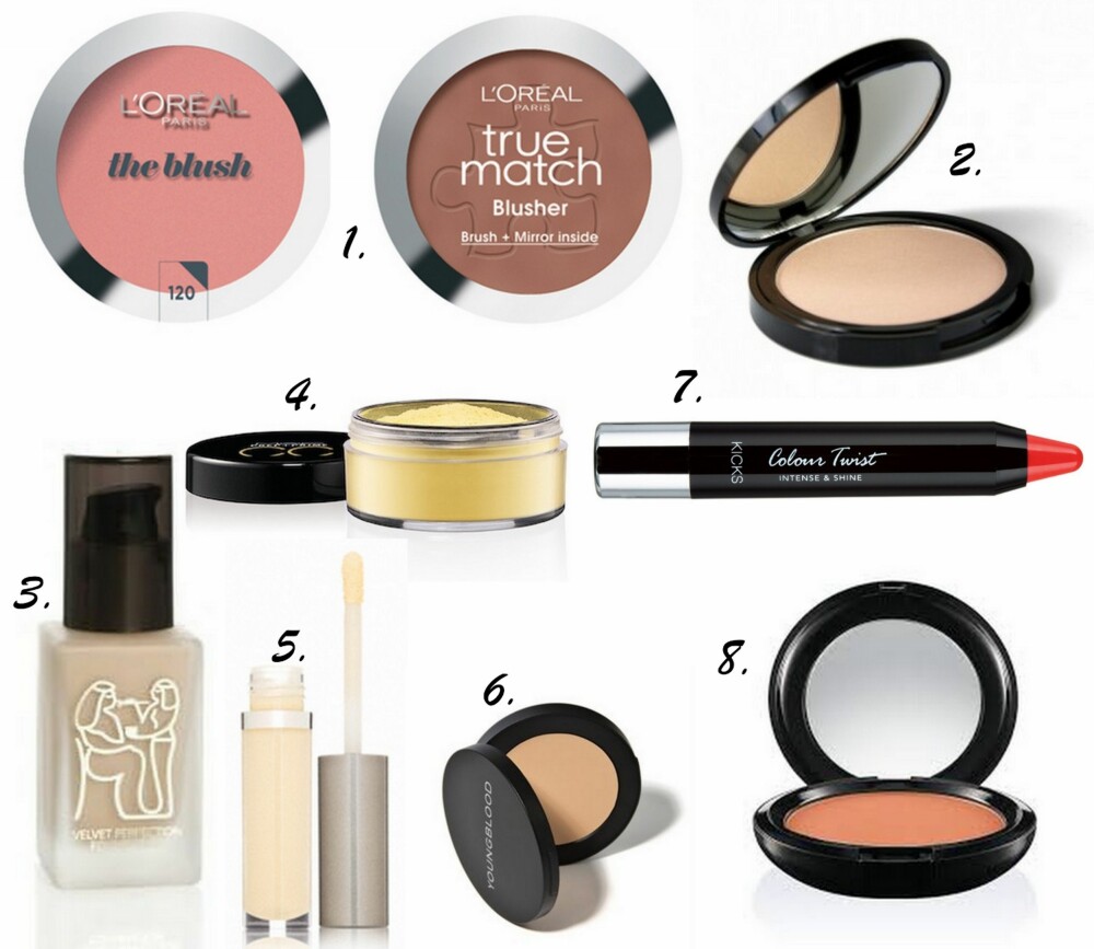 ANSIKTSSMINKEN: 1. Le Blush i fargene Rose Satal og Brun Nude fra L'Oréal Paris (kr 89), 2. Bright Luminizing Highlighter fra Makeup Mekka (kr 79), 3. Velvet Perfect Foundation fra Nilens Jord (kr 299), 4. Prep + Prime CC Loose Powder i fargen Neutralize fra MAC (kr 200), 5. Eye Camouflage - My Favorite Eye Cream fra ColoreScience (kr 289), 6. Ultimate Concealer fra Youngblood (kr 340), 7. Colour Twist i fargen Tangerine Dream fra Kicks (kr 99), 8. Prep + Prime CC Compact Powder i fargen Recharge fra MAC (kr 200). ANSIKTSSMINKEN: 1. Le Blush i fargene Rose Satal og Brun Nude fra L'Oréal Paris (kr 89), 2. Bright Luminizing Highlighter fra Makeup Mekka (kr 79), 3. Velvet Perfect Foundation fra Nilens Jord (kr 299), 4. Prep + Prime CC Loose Powder i fargen Neutralize fra MAC (kr 200), 5. Eye Camouflage - My Favorite Eye Cream fra ColoreScience (kr 289), 6. Ultimate Concealer fra Youngblood (kr 340), 7. Colour Twist i fargen Tangerine Dream fra Kicks (kr 99), 8. Prep + Prime CC Compact Powder i fargen Recharge fra MAC (kr 200).