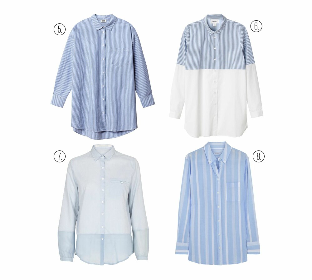 STRIPETE OG TOFARGET: 5. Weekday, kr 550. 6. Monki, kr 350. 7. Custommade, kr 1099. 8. Equipment, kr 1600. STRIPETE OG TOFARGET: 5. Weekday, kr 550. 6. Monki, kr 350. 7. Custommade, kr 1099. 8. Equipment, kr 1600.