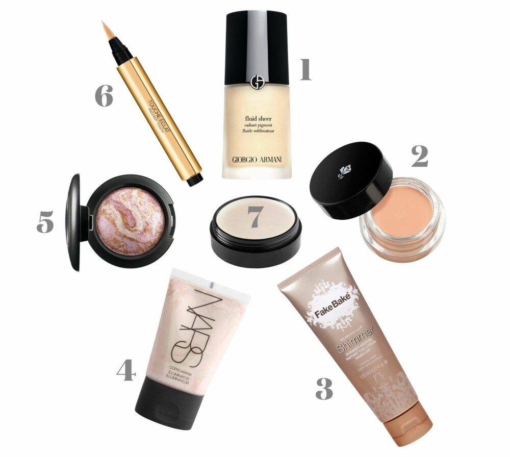 1. Giorgio Armani Fluid sheer nr. 13. 2. Lancôme La base nue. 3. Fake Bake Shimmer. 4. Nars Illuminator, i fargen Copacabana. 5. Mac Mineralize Eye Shadow . 6. YSL Touche Éclat. 7. Make Up Store Stardust. 1. Giorgio Armani Fluid sheer nr. 13. 2. Lancôme La base nue. 3. Fake Bake Shimmer. 4. Nars Illuminator, i fargen Copacabana. 5. Mac Mineralize Eye Shadow . 6. YSL Touche Éclat. 7. Make Up Store Stardust.