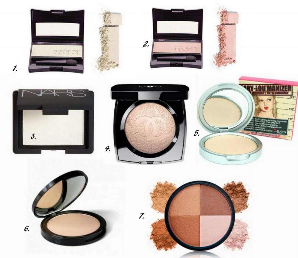 HIGHLIGHTER I PUDDERFORM: 1. Øyenskygge i fargen 01 fra Yves Rocher (kr 79), 2. Øyenskygge i fargen 02 fra Yves Rocher (kr 79), 3. Albatross Highlighter fra Nars (kr 305), 4. Poudre Signée Illuminating Powder fra Chanel (kr 350), 5. Betty-Lou Manizer fra The Balm (kr 199), 6. Bright Luminizing Highlighter fra Makeup Mekka (kr 59), 7. Moonglow fra Jane Iredale (kr 498). HIGHLIGHTER I PUDDERFORM: 1. Øyenskygge i fargen 01 fra Yves Rocher (kr 79), 2. Øyenskygge i fargen 02 fra Yves Rocher (kr 79), 3. Albatross Highlighter fra Nars (kr 305), 4. Poudre Signée Illuminating Powder fra Chanel (kr 350), 5. Betty-Lou Manizer fra The Balm (kr 199), 6. Bright Luminizing Highlighter fra Makeup Mekka (kr 59), 7. Moonglow fra Jane Iredale (kr 498).