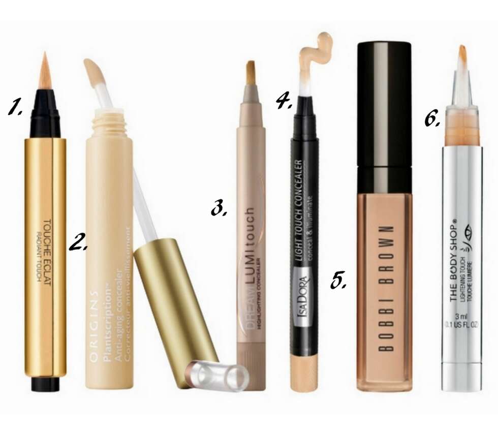 FLYTENDE HIGHLIGHTER: 1. Touche Eclat fra Yves Saint Laurent (kr 299), 2. Plantscription Anti-Aging Concealer fra Origins (kr 185), 3. Dream Lumi Touch fra Maybelline (kr 109), 4. Light Touch Concealer fra IsaDora (kr 125), 5. Tinted Eye Brightener fra Bobbi Brown (kr 245), 6. Lightening Touch fra The Body Shop (kr 150). FLYTENDE HIGHLIGHTER: 1. Touche Eclat fra Yves Saint Laurent (kr 299), 2. Plantscription Anti-Aging Concealer fra Origins (kr 185), 3. Dream Lumi Touch fra Maybelline (kr 109), 4. Light Touch Concealer fra IsaDora (kr 125), 5. Tinted Eye Brightener fra Bobbi Brown (kr 245), 6. Lightening Touch fra The Body Shop (kr 150).