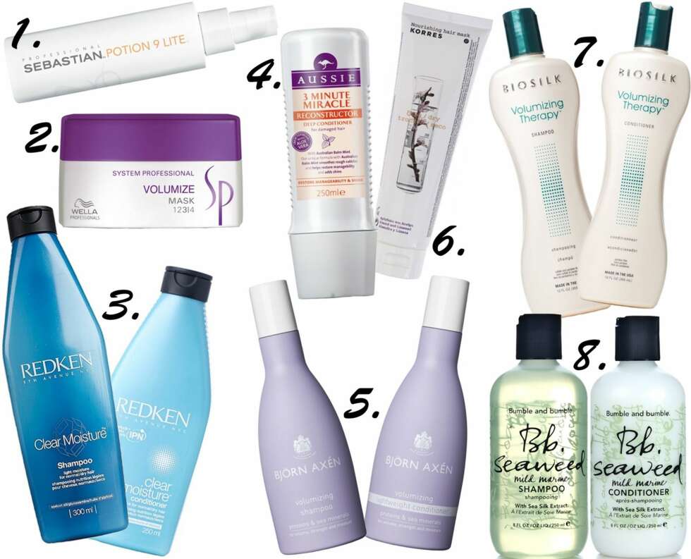 GODE PRODUKTER: <b>1.</b> Sebastian Professional Potion 9 Lite, kr 319. <b>2.</b> Wella System Professional Volume Mask, kr 289. <b>3.</b> Redken Clear Moisture, kr 276 for sjampo og kr 288 for balsam. <b>4.</b> Aussie 3 Minute Miracel Reconstructor, kr 125. <b>5.</b> Bjørn Axén Volumizing, kr 119 for sjampo og kr 122 for balsam. <b>6.</b> Korres Nourishing Hairmask, kr 149. <b>7.</b> Biosilk Volumizing Therapy, kr 234 for sjampo go kr 249 for balsam. <b>8.</b> Bumble and Bumble Seaweed Mild Marine, kr 209 for sjampo og kr 219 for balsam. GODE PRODUKTER: <b>1.</b> Sebastian Professional Potion 9 Lite, kr 319. <b>2.</b> Wella System Professional Volume Mask, kr 289. <b>3.</b> Redken Clear Moisture, kr 276 for sjampo og kr 288 for balsam. <b>4.</b> Aussie 3 Minute Miracel Reconstructor, kr 125. <b>5.</b> Bjørn Axén Volumizing, kr 119 for sjampo og kr 122 for balsam. <b>6.</b> Korres Nourishing Hairmask, kr 149. <b>7.</b> Biosilk Volumizing Therapy, kr 234 for sjampo go kr 249 for balsam. <b>8.</b> Bumble and Bumble Seaweed Mild Marine, kr 209 for sjampo og kr 219 for balsam.