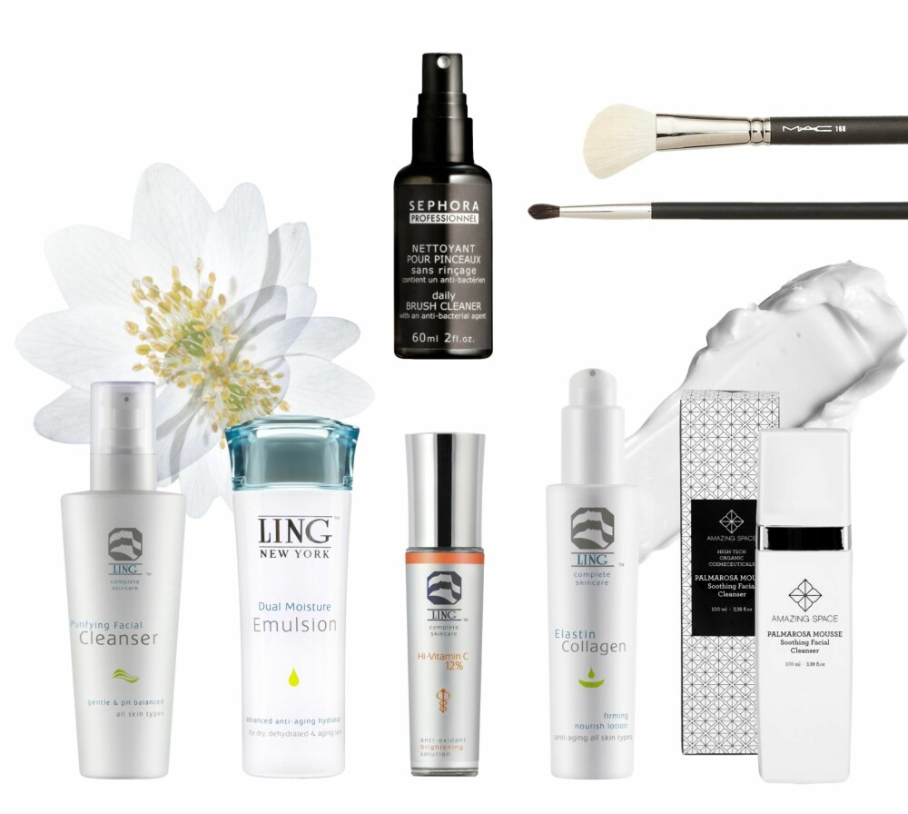 ØVERST FRA VENTRE: Daily Brush Cleaner fra Sephora, kr 55. 168 Large Angled 213 Fluff Brush fra Mac, kr 200 Contour Brush fra Mac, kr 325. Purifying Facial Cleanser fra LING, kr 325. Dual Moisture Emulsion fra LING, kr 599. Purifying HI-Vitamin C fra LING, kr 669. Elastin Collagen fra LING, kr 445. Palmarosa Mousse Soothing Facial Cleanser fra Amazing Space, kr 299. ØVERST FRA VENTRE: Daily Brush Cleaner fra Sephora, kr 55. 168 Large Angled 213 Fluff Brush fra Mac, kr 200 Contour Brush fra Mac, kr 325. Purifying Facial Cleanser fra LING, kr 325. Dual Moisture Emulsion fra LING, kr 599. Purifying HI-Vitamin C fra LING, kr 669. Elastin Collagen fra LING, kr 445. Palmarosa Mousse Soothing Facial Cleanser fra Amazing Space, kr 299.