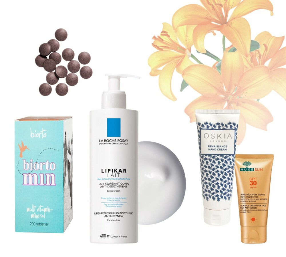 FRA VENSTRE: Multi Vitamin-mineral fra Biortomin hos Helseplus.dk, ca. kr 240. Baldrian fra Futura, kr 80 for 60 stk. Lipikar Lait
Lipid-Replenishing Body Milk fra La Roche-Posay, kr 329. Renaissance Hand Cream fra Oskia, kr 215. Delicious Cream for Face High Protection SPF 30 fra Nuxe, kr 199. FRA VENSTRE: Multi Vitamin-mineral fra Biortomin hos Helseplus.dk, ca. kr 240. Baldrian fra Futura, kr 80 for 60 stk. Lipikar Lait
Lipid-Replenishing Body Milk fra La Roche-Posay, kr 329. Renaissance Hand Cream fra Oskia, kr 215. Delicious Cream for Face High Protection SPF 30 fra Nuxe, kr 199.