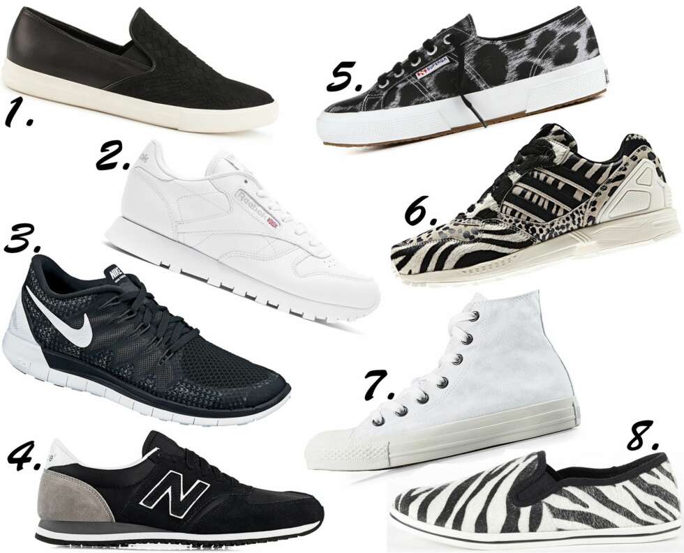 TIDLØSE KLASSIEKRE: <b>1.</b> Aldo, kr 699. <b>2.</b> Reebok, kr 800. <b>3.</b> Nike, kr 1100. <b>4.</b> New Balance/Nelly.com, kr 799. <b>5.</b> Superga, kr 799. <b>6.</b> Adidas, kr 1300. <b>7.</b> Converse/Nelly.com, kr 799. <b>8.</b> Ellos, kr 199. TIDLØSE KLASSIEKRE: <b>1.</b> Aldo, kr 699. <b>2.</b> Reebok, kr 800. <b>3.</b> Nike, kr 1100. <b>4.</b> New Balance/Nelly.com, kr 799. <b>5.</b> Superga, kr 799. <b>6.</b> Adidas, kr 1300. <b>7.</b> Converse/Nelly.com, kr 799. <b>8.</b> Ellos, kr 199.