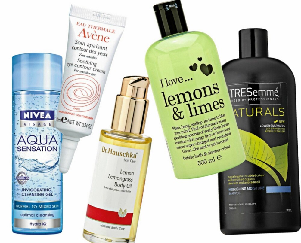 SKJØNN PÅ BUDSJETT: Nivea Aqua sensation cleansing gel, kr 79. Avene Eye contour cream, kr 169. Dr. Hauschka Lemongrass body oil, kr 165. I Love... Lemons & limes shower creme, kr 79. Tresemmé Naturals moisturizing shampoo, kr 89. SKJØNN PÅ BUDSJETT: Nivea Aqua sensation cleansing gel, kr 79. Avene Eye contour cream, kr 169. Dr. Hauschka Lemongrass body oil, kr 165. I Love... Lemons & limes shower creme, kr 79. Tresemmé Naturals moisturizing shampoo, kr 89.