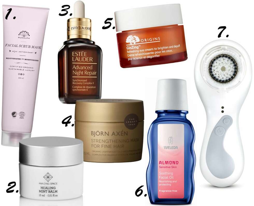 GODE PRODUKTER: <b>1.</b> Rudolph Care Facial Scrub Mask, kr 350. <b>2.</b> Amazing Space Healing Mint Balm, kr 185. Estée Lauder Advanced Night Repair, kr 495 for 30 ml. <b>4.</b> Bjørn Axén Strengthening Mask for Fine Hair, kr 360. <b>5.</b> Origins Ginzing Refreshing Eye Cream, kr 375. <b>6.</b> Weleda Almond Soothing Facial Oil, kr 239. <b>7.</b> Clarisonic Brush, kr 1125. GODE PRODUKTER: <b>1.</b> Rudolph Care Facial Scrub Mask, kr 350. <b>2.</b> Amazing Space Healing Mint Balm, kr 185. Estée Lauder Advanced Night Repair, kr 495 for 30 ml. <b>4.</b> Bjørn Axén Strengthening Mask for Fine Hair, kr 360. <b>5.</b> Origins Ginzing Refreshing Eye Cream, kr 375. <b>6.</b> Weleda Almond Soothing Facial Oil, kr 239. <b>7.</b> Clarisonic Brush, kr 1125.