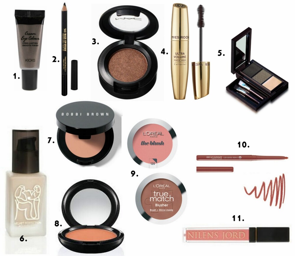 PRODUKTER BRUKT: 1. Cream Eye Colour i fargen Earthquake fra Kicks (kr 99), 2. Creamy Kohl Pencil i sort fra Make-up Studio (ca. kr 99), 3. Eye Shadow i fargen Bronze fra MAC (kr 159), 4. Ultra-Volume Mascara fra Yves Rocher (kr 129), 5. Beauty Eye Brow Kit fra Oriflame (kr 159), 6. Velvet Perfection Foundation fra Nilens Jord (kr 299), 7. Corrector i fargen Bisque fra Bobbi Brown (kr 245), 8. Prep + Prime CC Compact Powder i fargen Recharge fra MAC (kr 200), 9. Le Blush i fargen Rose Santal og Brun Nude fra L'Oréal Paris (kr 89 per stk.), 10. Automatic Lip Pencil i fargen Bois de rose fra Yves Rocher (kr 69), 11. Lipgloss i fargen Peach fra Nilens Jord (kr 199). PRODUKTER BRUKT: 1. Cream Eye Colour i fargen Earthquake fra Kicks (kr 99), 2. Creamy Kohl Pencil i sort fra Make-up Studio (ca. kr 99), 3. Eye Shadow i fargen Bronze fra MAC (kr 159), 4. Ultra-Volume Mascara fra Yves Rocher (kr 129), 5. Beauty Eye Brow Kit fra Oriflame (kr 159), 6. Velvet Perfection Foundation fra Nilens Jord (kr 299), 7. Corrector i fargen Bisque fra Bobbi Brown (kr 245), 8. Prep + Prime CC Compact Powder i fargen Recharge fra MAC (kr 200), 9. Le Blush i fargen Rose Santal og Brun Nude fra L'Oréal Paris (kr 89 per stk.), 10. Automatic Lip Pencil i fargen Bois de rose fra Yves Rocher (kr 69), 11. Lipgloss i fargen Peach fra Nilens Jord (kr 199).