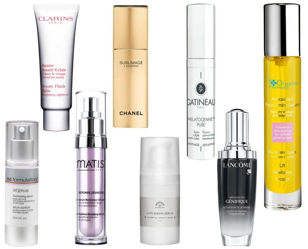 ASKEPOTT-SERUM: Øverst fra venstre: Beauty Flash Balm fra Clarins, kr 285. Sublimage L`Essence fra Chanel, kr 3870. Melatogenine Pure Focus Anti Wrinkle Treatment fra Gatineau, kr 512. Antioxidant Face Firming Serum fra The Organic Pharmacy, kr 1130. Vit-A Plus Illuminating Serum fra MD Formulations , kr 729. Anti-ageing Serum fra Rudolph Care, 835 kr. Génifique Youth Activator fra Lancôme, kr 595. ASKEPOTT-SERUM: Øverst fra venstre: Beauty Flash Balm fra Clarins, kr 285. Sublimage L`Essence fra Chanel, kr 3870. Melatogenine Pure Focus Anti Wrinkle Treatment fra Gatineau, kr 512. Antioxidant Face Firming Serum fra The Organic Pharmacy, kr 1130. Vit-A Plus Illuminating Serum fra MD Formulations , kr 729. Anti-ageing Serum fra Rudolph Care, 835 kr. Génifique Youth Activator fra Lancôme, kr 595.