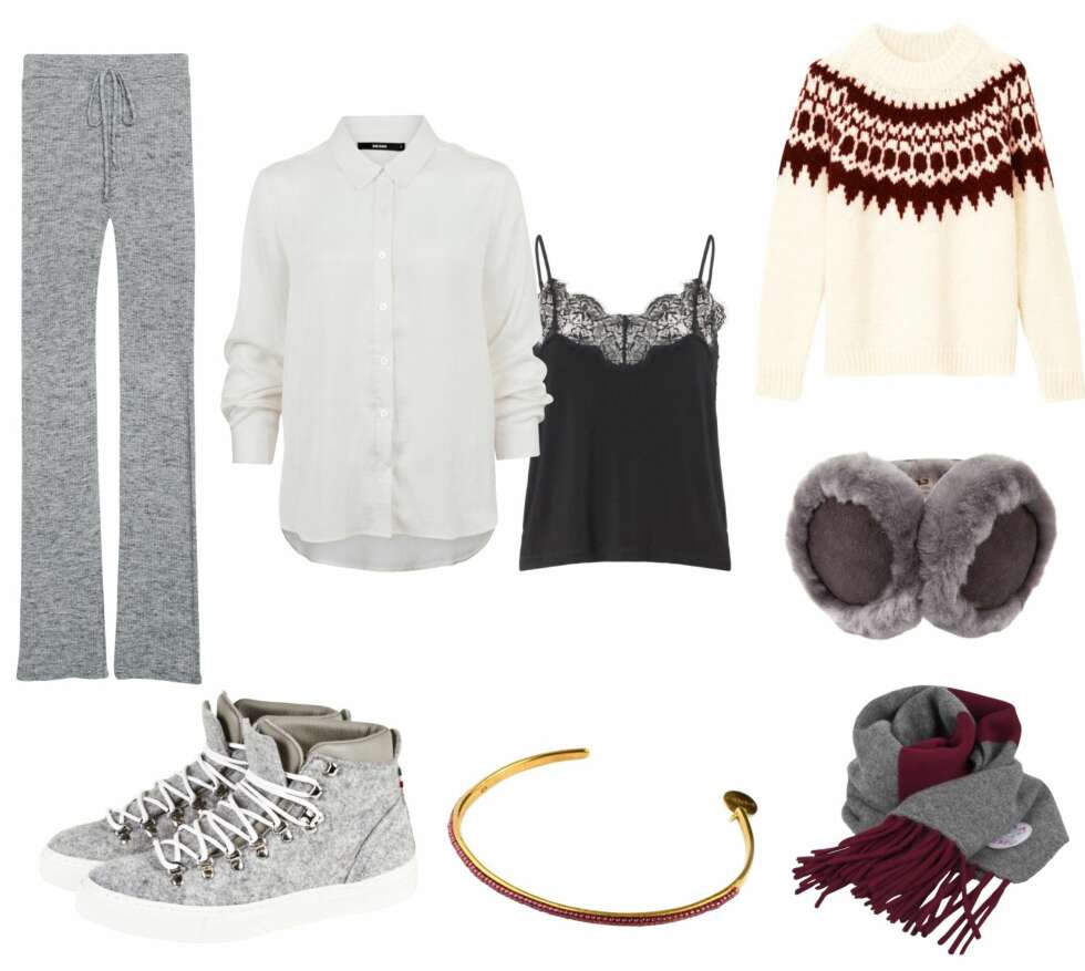 MYKE FAVORITTER: Genser fra Gant, kr 2400.
Singlet fra Ganni, kr 499.
Ørevarmere fra Ugg, kr 999.
Skjorte fra Bik Bok, kr 199.
Bukse fra Zara, kr 399.
Skjerf fra Kashmina, kr 1690.
Armbånd fra Syster P, kr 399.
Ring fra Accessorize, kr 130.
Sko fra Diemme, kr 2400. MYKE FAVORITTER: Genser fra Gant, kr 2400.
Singlet fra Ganni, kr 499.
Ørevarmere fra Ugg, kr 999.
Skjorte fra Bik Bok, kr 199.
Bukse fra Zara, kr 399.
Skjerf fra Kashmina, kr 1690.
Armbånd fra Syster P, kr 399.
Ring fra Accessorize, kr 130.
Sko fra Diemme, kr 2400.