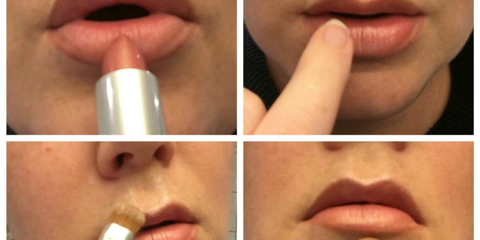 LEPPESTIFT OG GLANS: 1. Påfør en leppestift som er hakket lysere enn liplineren, 2. Plasser litt gloss eller highlighter på midten av leppen, 3. Bruk en highlighter i amorbuen og følg linjene opp mot nesa, 4. Legg en mørk skygge under leppen. LEPPESTIFT OG GLANS: 1. Påfør en leppestift som er hakket lysere enn liplineren, 2. Plasser litt gloss eller highlighter på midten av leppen, 3. Bruk en highlighter i amorbuen og følg linjene opp mot nesa, 4. Legg en mørk skygge under leppen.