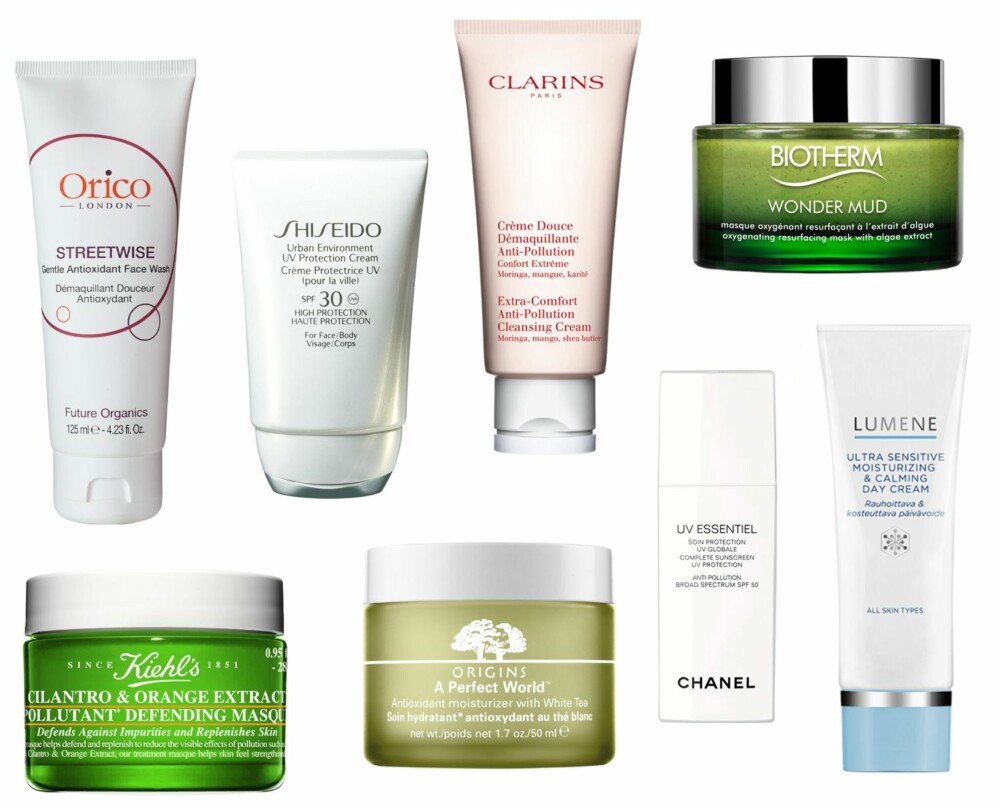 PRODUKTER MOT FORURENSET HUD (f.v.): Orico Streetwise Gentle Antioxidant Face Wash 125ml/Feelunique.com, kr 179. Shiseido Urban Environment UV Protection Cream SPF30/Vita, kr 380. Clarins Extra-Comfort Cleansing Cream, kr 245. Biotherm Wonder Mud, kr 475. Kiehl´s Cilantro Orange Pollutant Defending Masque, kr 325. Origins A Perfect World Antioxidant Moisturizer, kr 420. Chanel UV Essentiel Complete Sunscreen UV Protection Anti-Pollution Broad Spectrum SPF 50, kr 540. Lumene Sensitive Touch Daily Moisture Cream, kr 179. PRODUKTER MOT FORURENSET HUD (f.v.): Orico Streetwise Gentle Antioxidant Face Wash 125ml/Feelunique.com, kr 179. Shiseido Urban Environment UV Protection Cream SPF30/Vita, kr 380. Clarins Extra-Comfort Cleansing Cream, kr 245. Biotherm Wonder Mud, kr 475. Kiehl´s Cilantro Orange Pollutant Defending Masque, kr 325. Origins A Perfect World Antioxidant Moisturizer, kr 420. Chanel UV Essentiel Complete Sunscreen UV Protection Anti-Pollution Broad Spectrum SPF 50, kr 540. Lumene Sensitive Touch Daily Moisture Cream, kr 179.