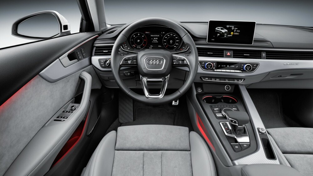 Q7: Interiøret i nye A4 Allroad henter mye fra Audi Q7. Det nye MMI-operativsystemet er i stor grad også hentet fra Q7. Betjeningen av de ulike infotainment-menyene kan styres både fra betjeningselementet i midtkonsollen og multifunksjonsrattet. Allroad kan også fås med Virtual Cockpit, et heldigitalt instrumentpanel med ulike visningsmodus. FOTO: Audi Q7: Interiøret i nye A4 Allroad henter mye fra Audi Q7. Det nye MMI-operativsystemet er i stor grad også hentet fra Q7. Betjeningen av de ulike infotainment-menyene kan styres både fra betjeningselementet i midtkonsollen og multifunksjonsrattet. Allroad kan også fås med Virtual Cockpit, et heldigitalt instrumentpanel med ulike visningsmodus. FOTO: Audi