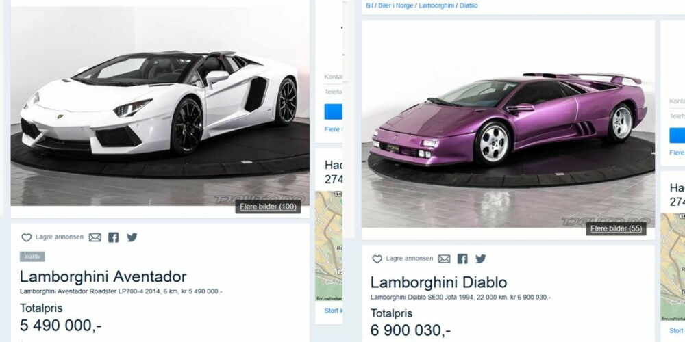 ELDST OG DYREST: De tre Lamborghiniene på topplista selges av samme firma. De to nye Aventadorene må se seg slått av en betydelig eldre og dyrere Diablo. ELDST OG DYREST: De tre Lamborghiniene på topplista selges av samme firma. De to nye Aventadorene må se seg slått av en betydelig eldre og dyrere Diablo.
