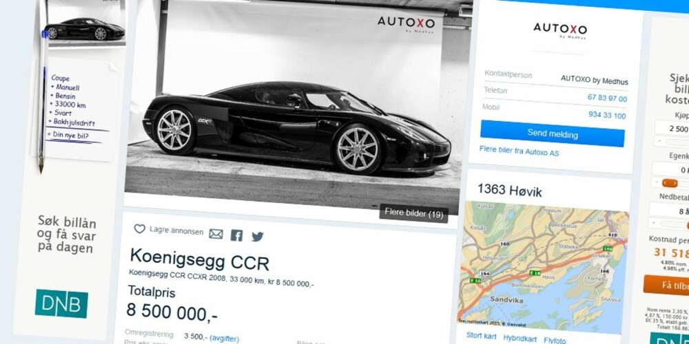 HELT TOPP: Koenigsegg CCXR er en av verdens raskeste og dyreste biler, og kan nå den smykke seg med den gjeve førsteplassen på topp ti-listen over de mest populære bilannonsene på finn.no i 2015. HELT TOPP: Koenigsegg CCXR er en av verdens raskeste og dyreste biler, og kan nå den smykke seg med den gjeve førsteplassen på topp ti-listen over de mest populære bilannonsene på finn.no i 2015.