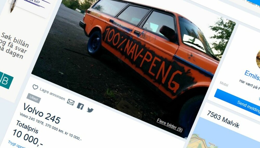 FULL FINANSIERING: Topplisten billigste bil er ifølge eier hundre prosent finansiert av NAV. Dette smykket av en Volvo 245 selges for den nette sum av 10 000 kroner. FULL FINANSIERING: Topplisten billigste bil er ifølge eier hundre prosent finansiert av NAV. Dette smykket av en Volvo 245 selges for den nette sum av 10 000 kroner.