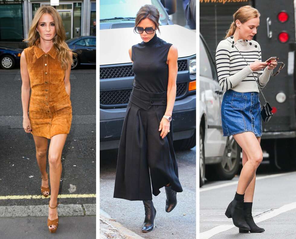 FORTSATT TRENDY: Både semsket skinn, culotter og denim, både i form av kjoler, skjørt og shorts, er trendy også i 2016. Fra venstre: Millie Mackintosh, Victoria Beckham og Diane Krüger. FORTSATT TRENDY: Både semsket skinn, culotter og denim, både i form av kjoler, skjørt og shorts, er trendy også i 2016. Fra venstre: Millie Mackintosh, Victoria Beckham og Diane Krüger.