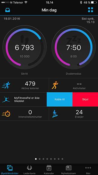 OVERSIKT: Appen Garmin Connect gir deg oversikt over hvor aktiv du har vært. OVERSIKT: Appen Garmin Connect gir deg oversikt over hvor aktiv du har vært.