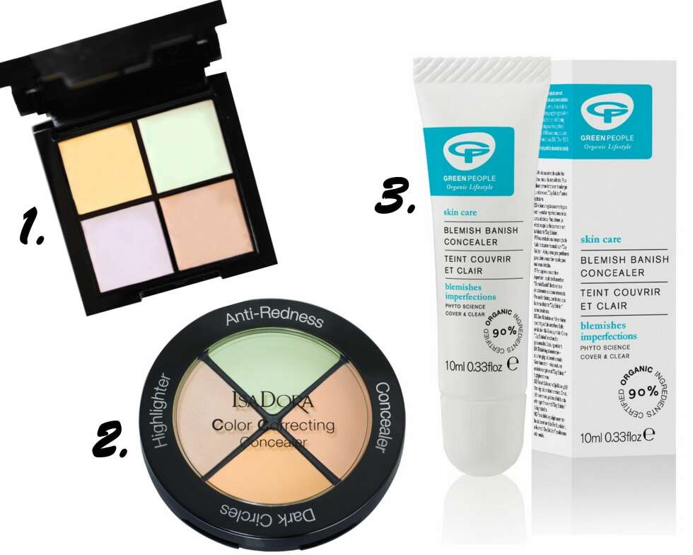CONCEALER FOR KVISER: 1. Corrective Camoflague Kit fra Glo Minerals, kr 395, 2. Color Correcting Concealer fra IsaDora, kr 145, 3. Blemish Ban Concealer fra Green People, kr 119. CONCEALER FOR KVISER: 1. Corrective Camoflague Kit fra Glo Minerals, kr 395, 2. Color Correcting Concealer fra IsaDora, kr 145, 3. Blemish Ban Concealer fra Green People, kr 119.