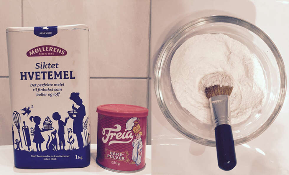 INGREDIENSER: Hvetemel og bakepulver skal mikses i en skål, blandes sammen og påføres med en stor sminkekost. INGREDIENSER: Hvetemel og bakepulver skal mikses i en skål, blandes sammen og påføres med en stor sminkekost.