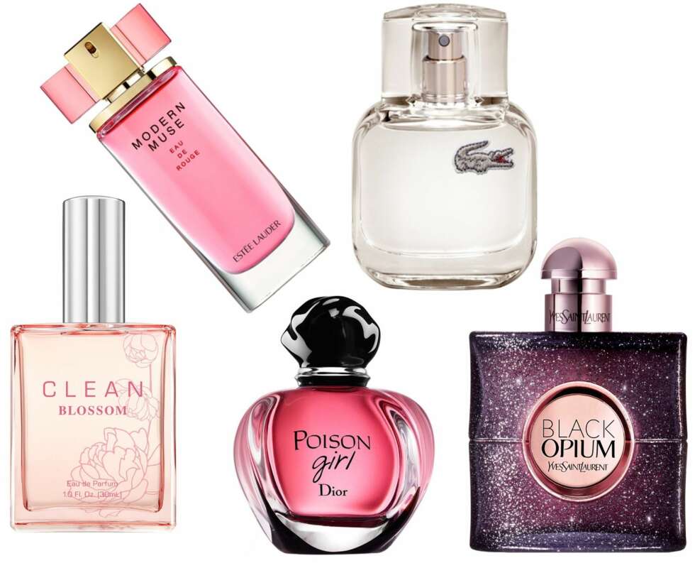 DAMEPARFYMER (f.v.): Estée Lauder Modern Muse Eau de Rouge EdT 30 ml, kr 420. Lacoste L.12.12 Pour Elle Elegant EdT 30 ml, kr 380. Clean Blossom 30 ml, kr 435 (lanseres uke 11). Dior Poison Girl Eau de Parfum 30 ml, kr 590. YSL Black Opium EdT, 50 ml kr 595. DAMEPARFYMER (f.v.): Estée Lauder Modern Muse Eau de Rouge EdT 30 ml, kr 420. Lacoste L.12.12 Pour Elle Elegant EdT 30 ml, kr 380. Clean Blossom 30 ml, kr 435 (lanseres uke 11). Dior Poison Girl Eau de Parfum 30 ml, kr 590. YSL Black Opium EdT, 50 ml kr 595.