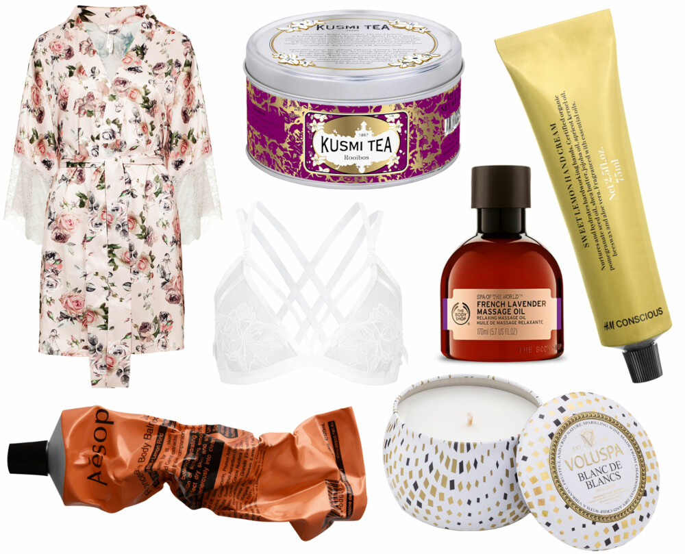 VELVÆREGAVER (f.v.): Kappahl kimono, kr 399. Kusmi Tea Rooibos 125g, kr 189. H&M Conscious Hand cream, kr 69,90. Gina Tricot Valerie soft BH, kr 179. The Body Shop French Lavender Massasjeolje, kr 259. Aesop Rind Concentrate Body Balm 120 ml, kr 260. Voluspa Holiday Minitin Blanc de Blancs duftlys, kr 159. VELVÆREGAVER (f.v.): Kappahl kimono, kr 399. Kusmi Tea Rooibos 125g, kr 189. H&M Conscious Hand cream, kr 69,90. Gina Tricot Valerie soft BH, kr 179. The Body Shop French Lavender Massasjeolje, kr 259. Aesop Rind Concentrate Body Balm 120 ml, kr 260. Voluspa Holiday Minitin Blanc de Blancs duftlys, kr 159.