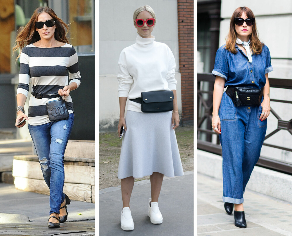 CHANEL OG CÉLINE (f.v.): Skuespiller Sarah Jessica Parker, moteblogger Charlotte Groeneveld og motefotograf Sara Reverbi med hver sin "fanny pack". CHANEL OG CÉLINE (f.v.): Skuespiller Sarah Jessica Parker, moteblogger Charlotte Groeneveld og motefotograf Sara Reverbi med hver sin "fanny pack".